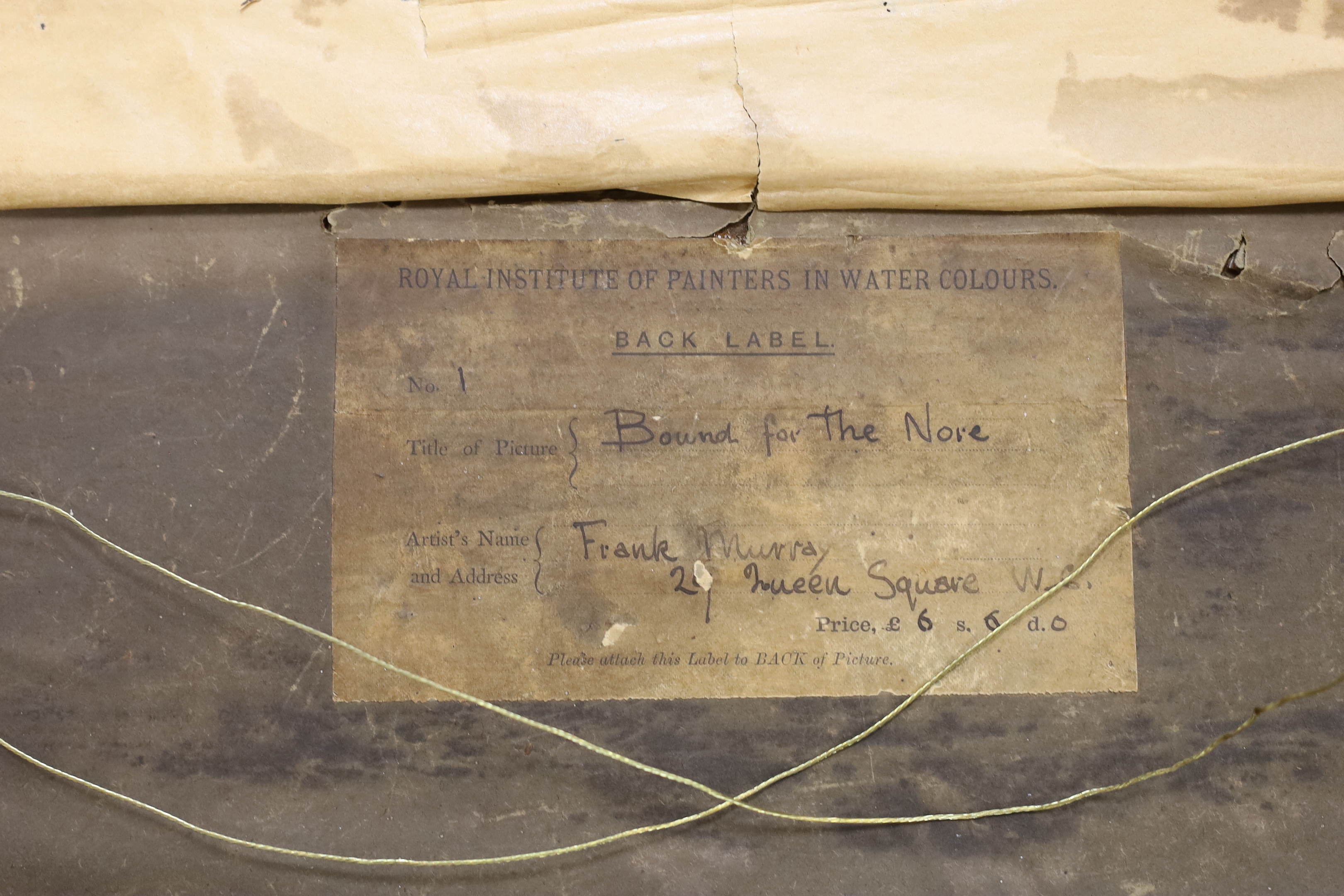 Frank Murray (19th. C), watercolour, ‘Bound for the Nore’, signed and dated 1885, Royal Institute of Painters in Watercolours inscribed label verso, 14 x 31cm